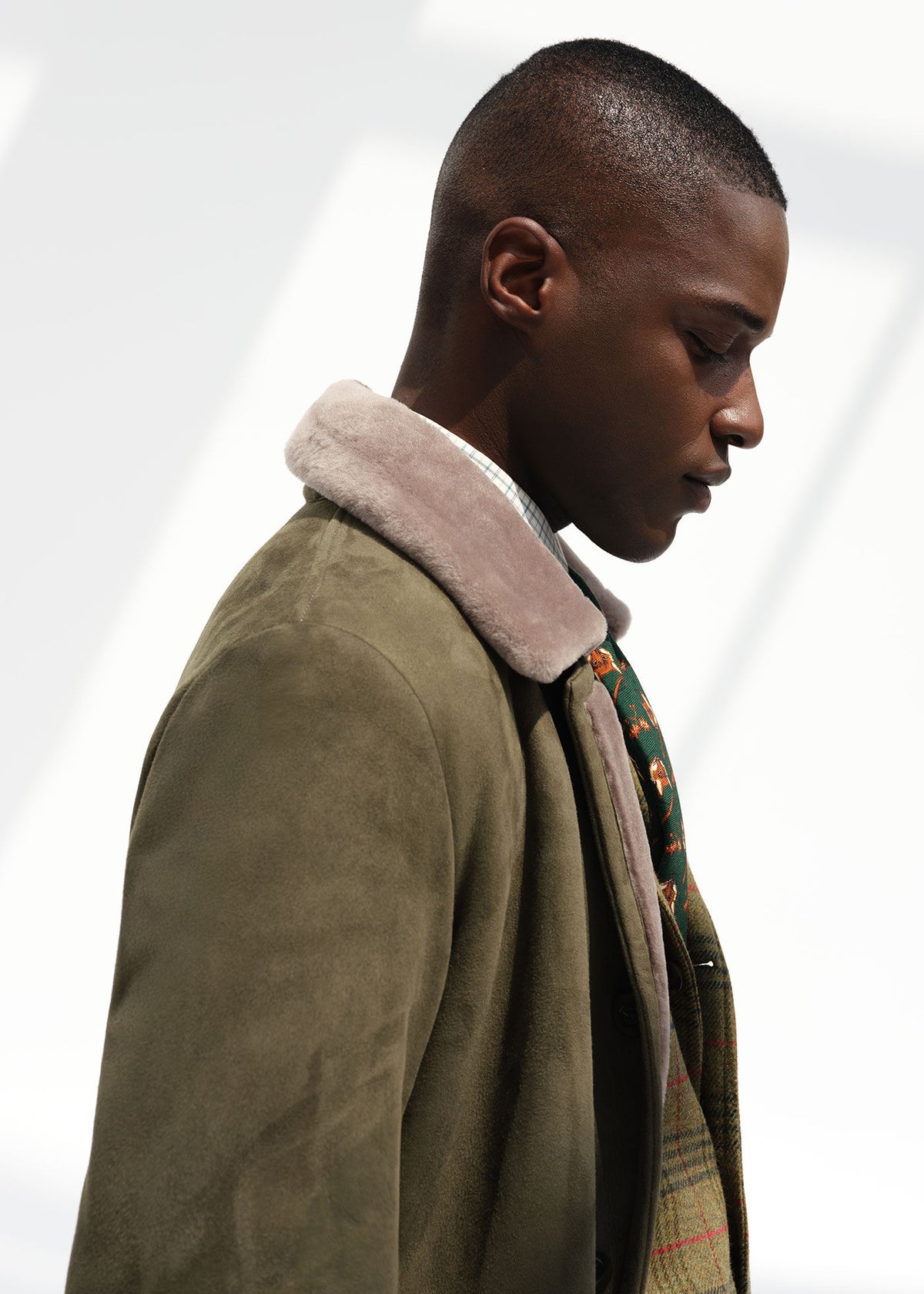 Modern Suede Coat with Shearling Trim Olive - Paul Stuart