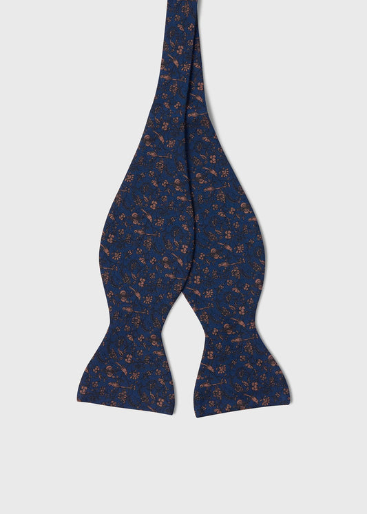 Botanical Birds Silk Bow Tie Navy/Brown - Paul Stuart