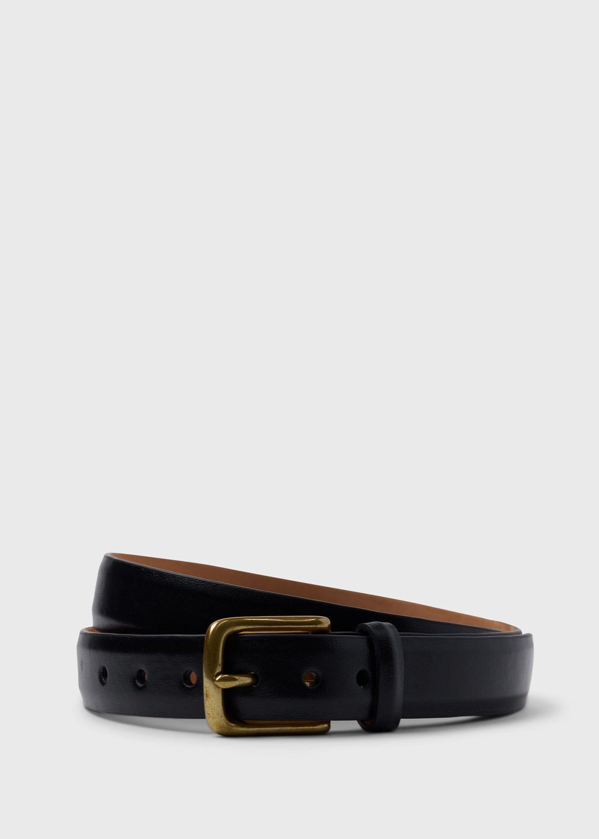 Narrow Calfskin Belt with Brass Buckle Black - Paul Stuart