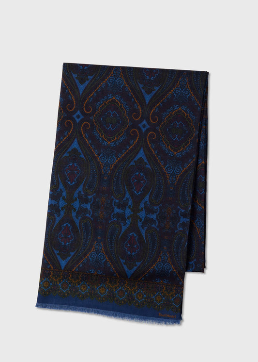 Wool Silk Paisley Scarf Navy - Paul Stuart