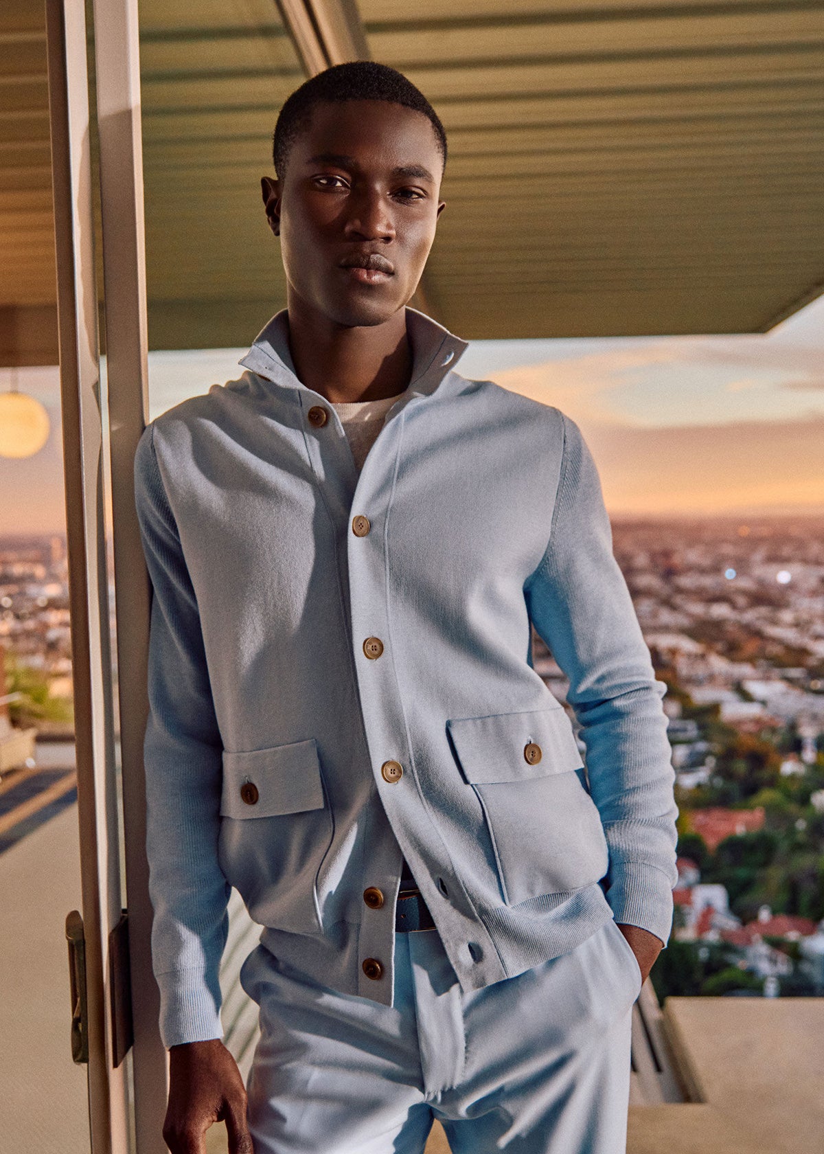 Silk & Cotton Blouson Cardigan Light Blue - Paul Stuart