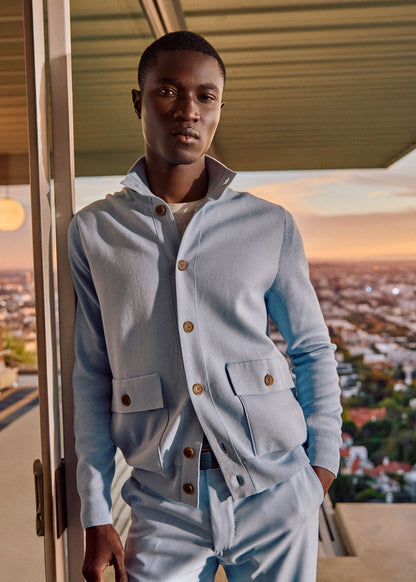 Silk & Cotton Blouson Cardigan Light Blue - Paul Stuart