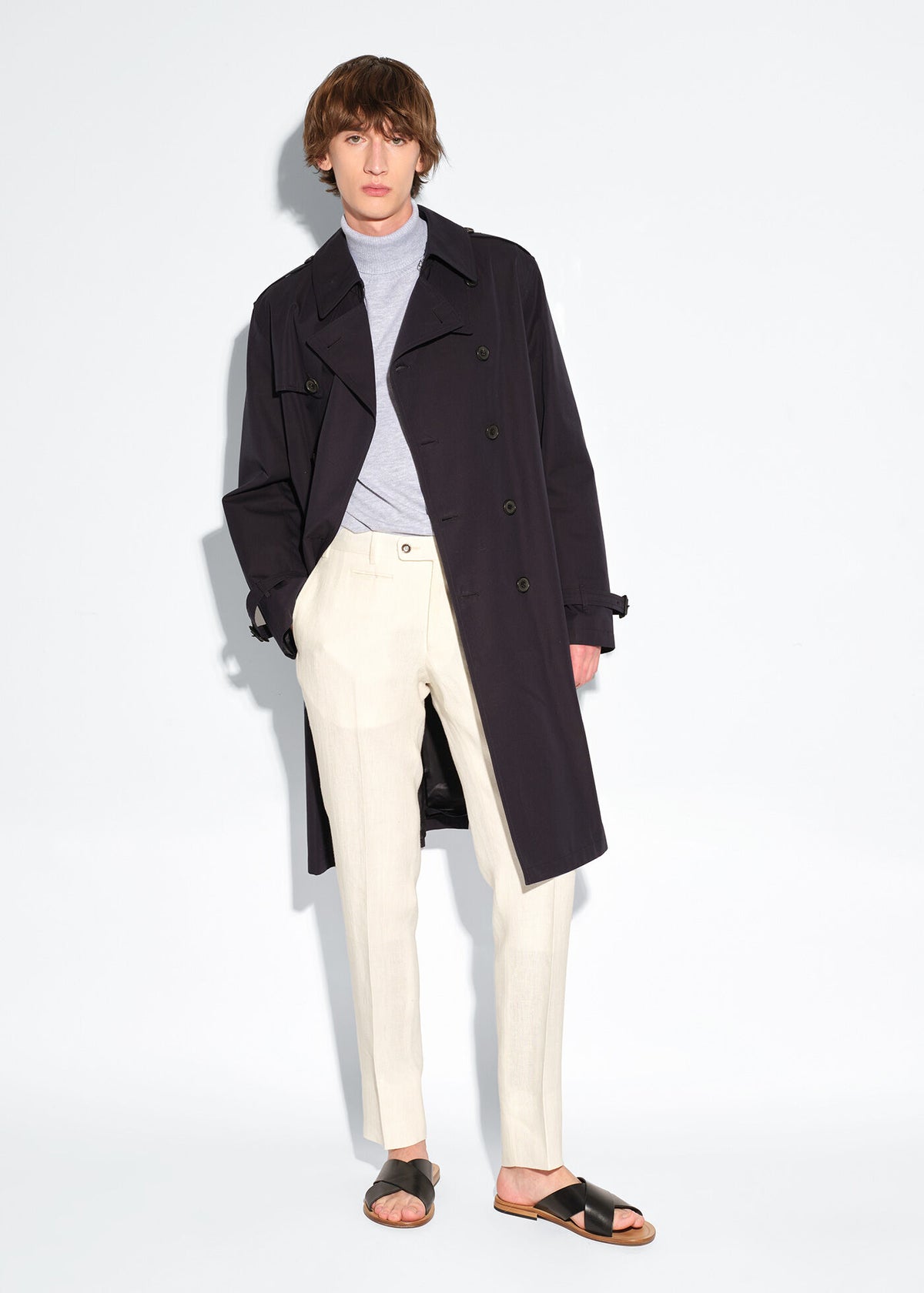 Double Breasted Cotton Trench Coat Navy - Paul Stuart