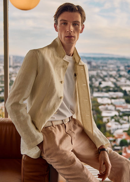 Linen Stand Collar Jacket Indigo - Paul Stuart