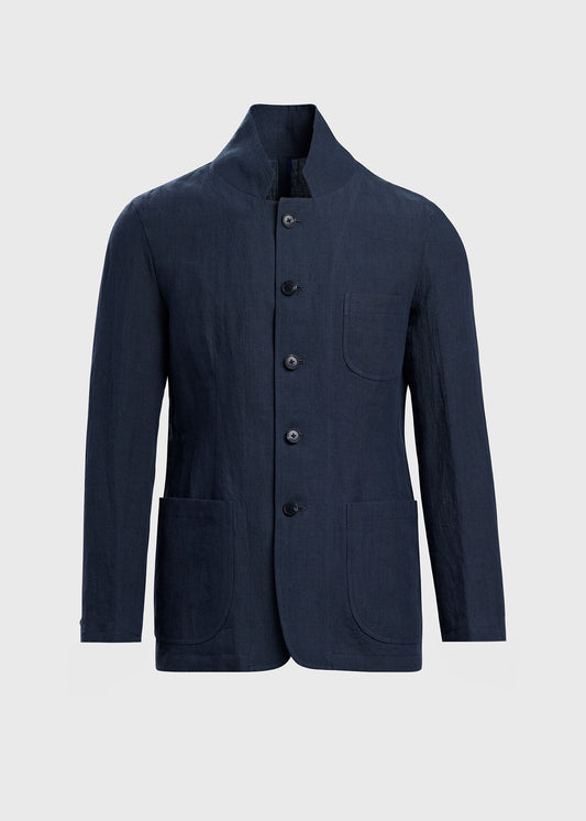 Linen Stand Collar Jacket Indigo - Paul Stuart