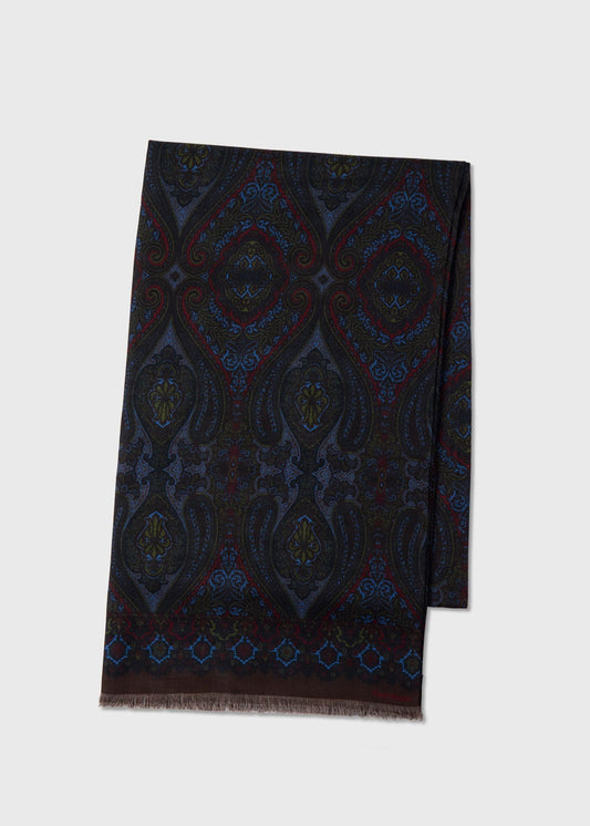 Wool Silk Paisley Scarf Navy - Paul Stuart