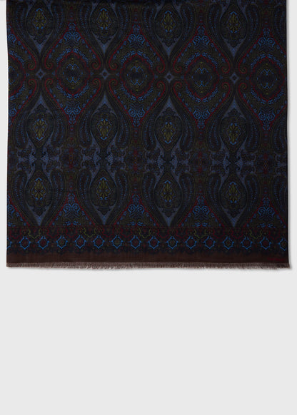 Wool Silk Paisley Scarf Navy - Paul Stuart