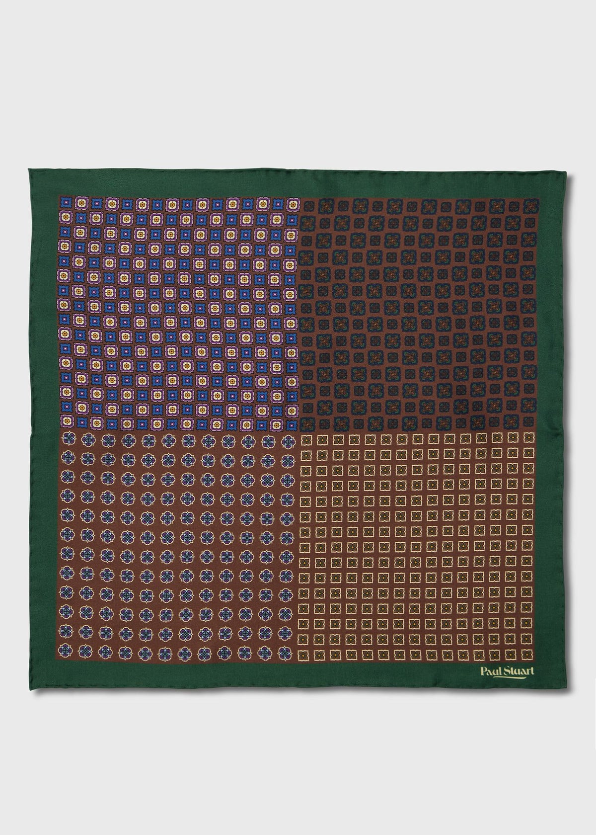 Patchwork Foulard Silk Pocket Square Green/Brown - Paul Stuart