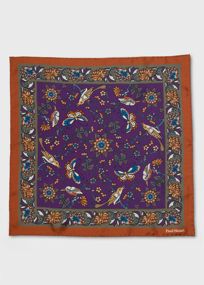 Floral Bird Silk Pocket Square Navy - Paul Stuart