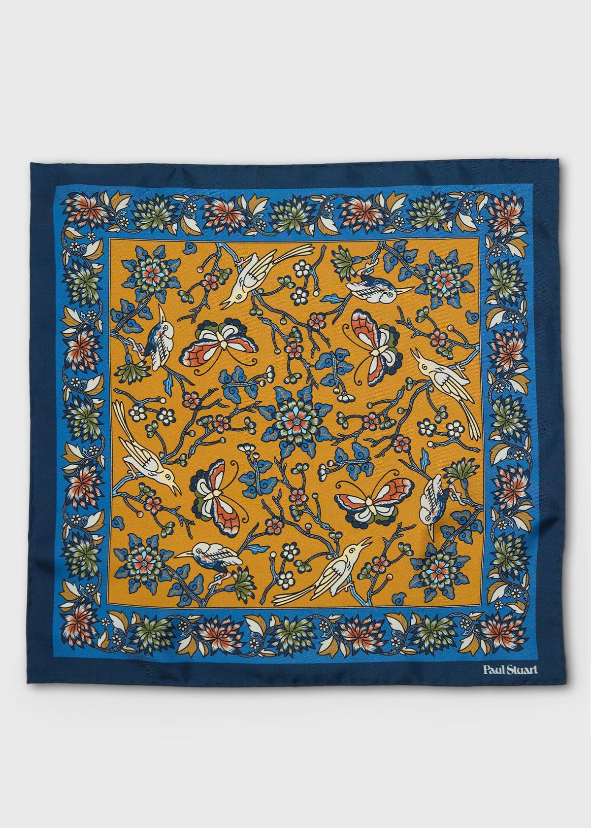 Floral Bird Silk Pocket Square Navy - Paul Stuart