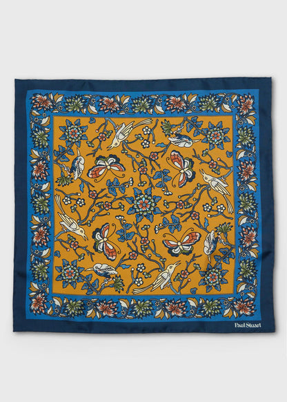 Floral Bird Silk Pocket Square Navy - Paul Stuart