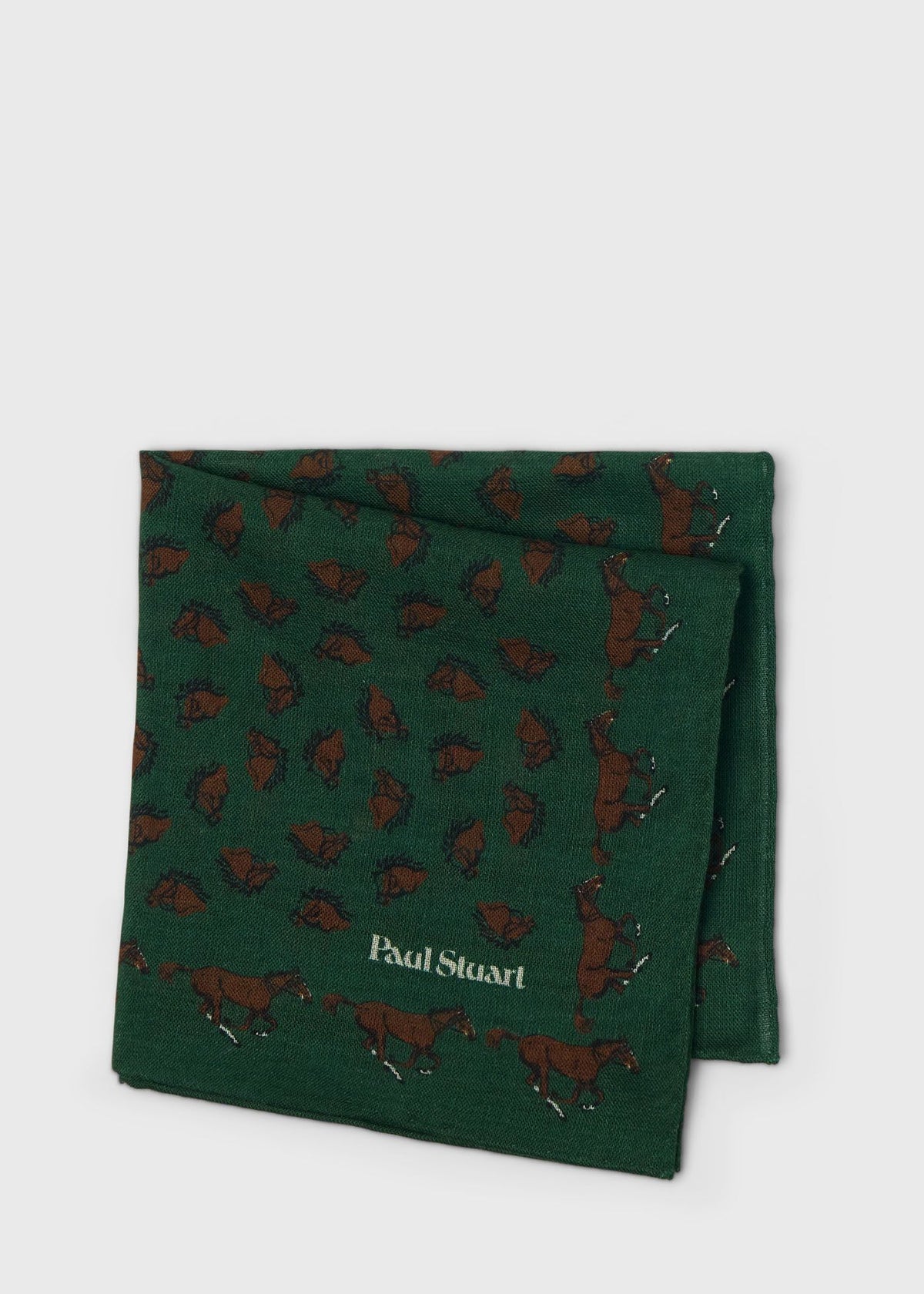 Equestrian Print Wool Pocket Square Green - Paul Stuart