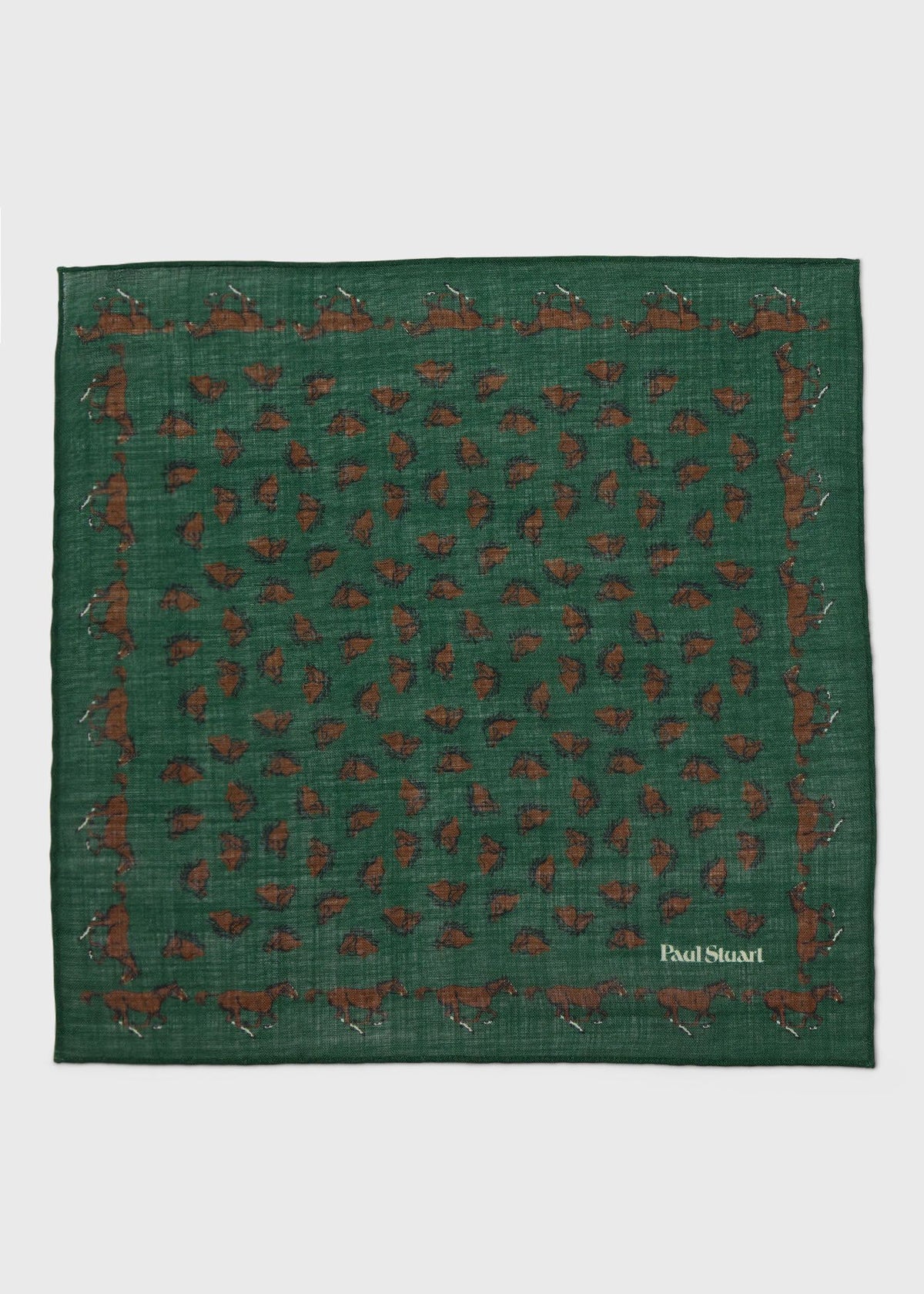 Equestrian Print Wool Pocket Square Green - Paul Stuart