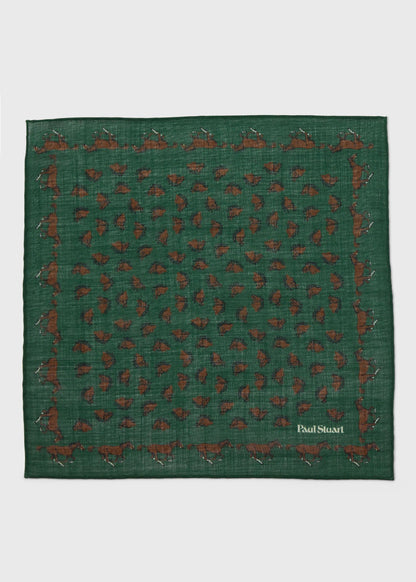 Equestrian Print Wool Pocket Square Green - Paul Stuart