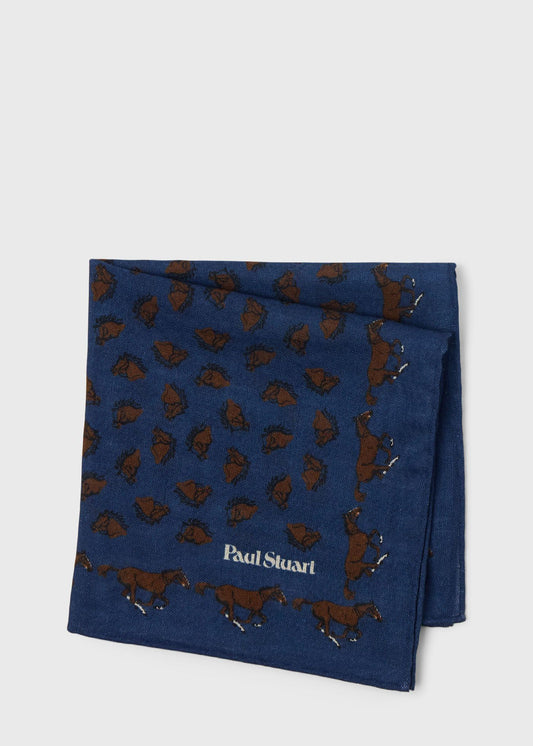 Equestrian Print Wool Pocket Square Green - Paul Stuart