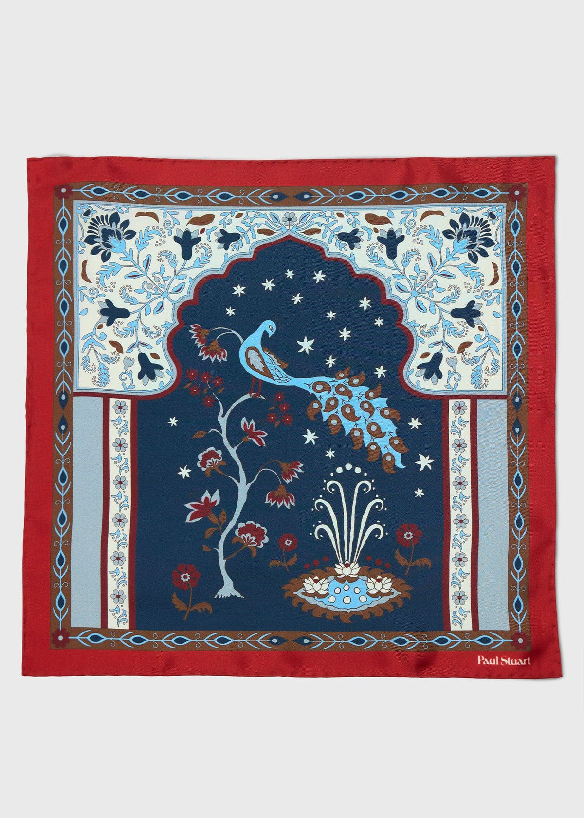 Peacock Silk Pocket Square Red/Navy - Paul Stuart