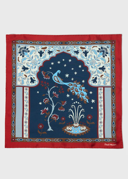 Peacock Silk Pocket Square Red/Navy - Paul Stuart
