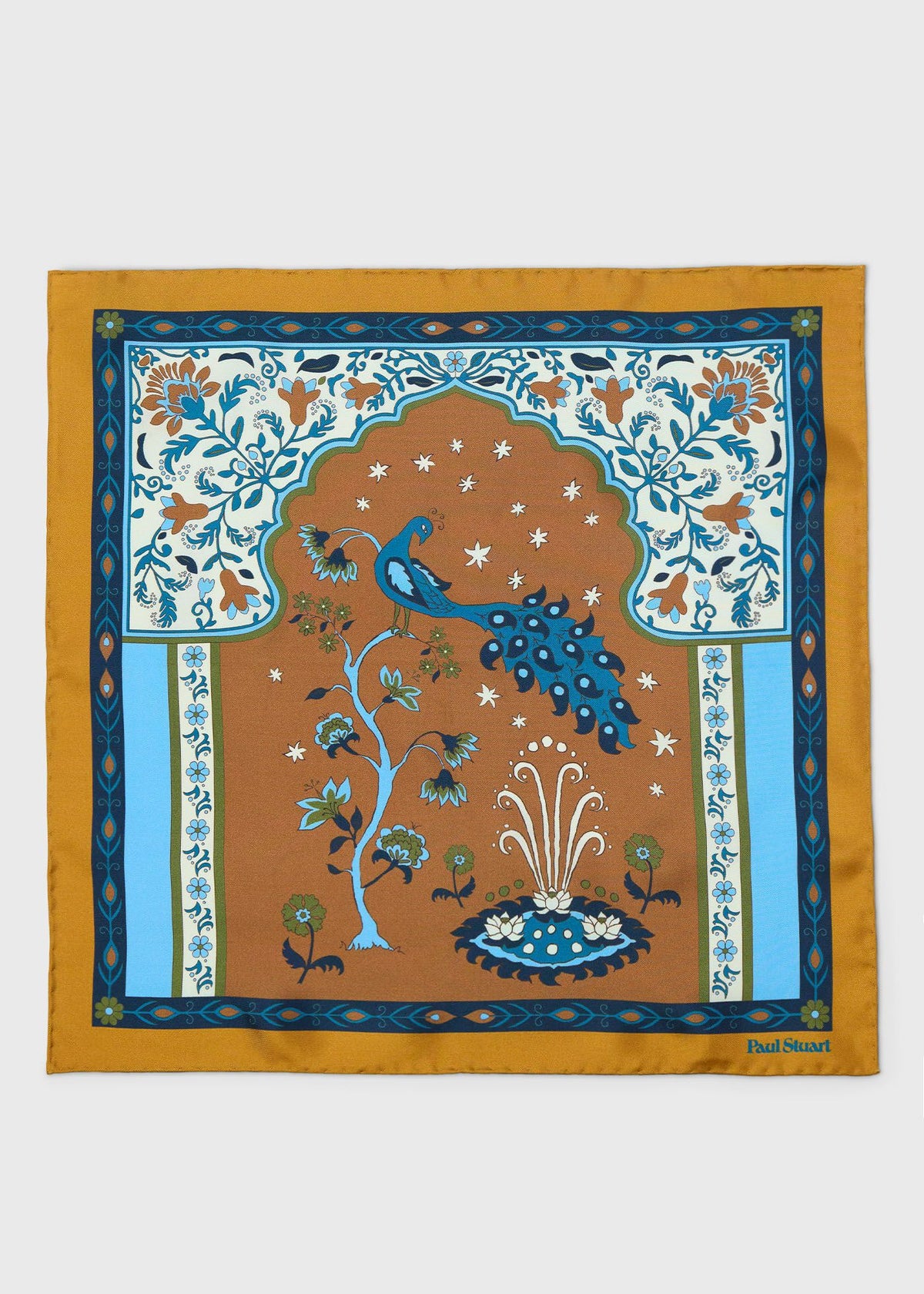 Peacock Silk Pocket Square Red/Navy - Paul Stuart