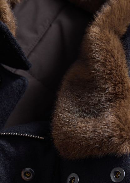 Cashmere Coat with Faux Fur Collar Navy - Paul Stuart