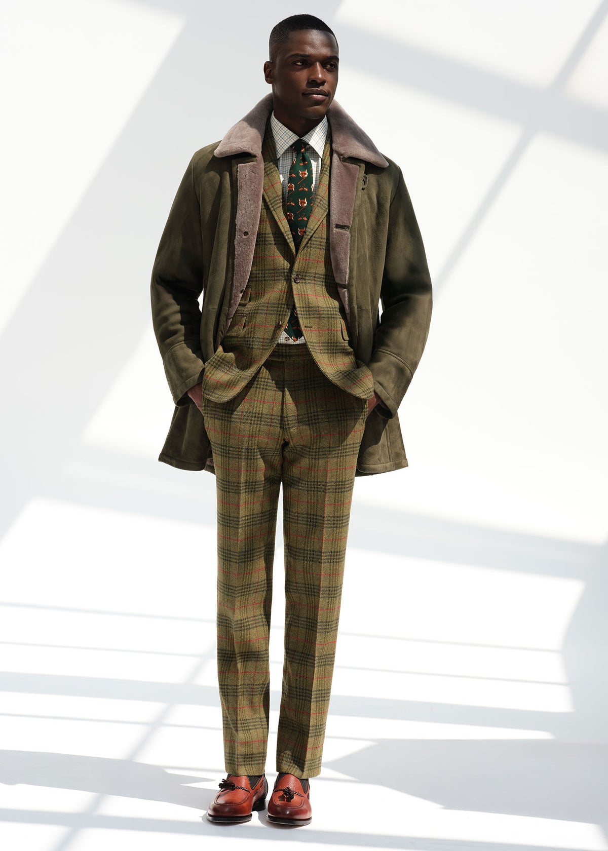 Modern Suede Coat with Shearling Trim Olive - Paul Stuart