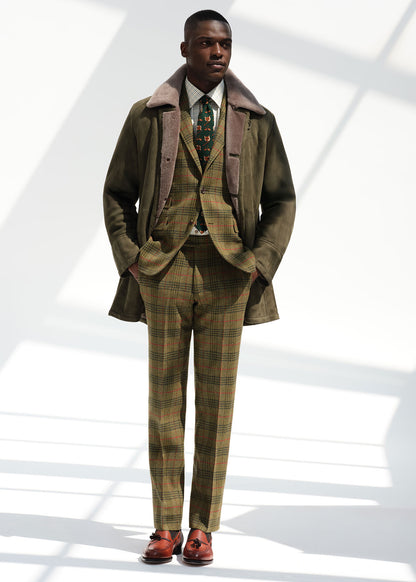 Modern Suede Coat with Shearling Trim Olive - Paul Stuart