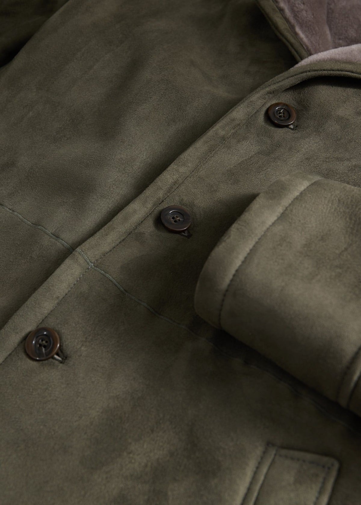 Modern Suede Coat with Shearling Trim Olive - Paul Stuart