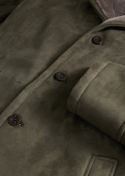 Modern Suede Coat with Shearling Trim Olive - Paul Stuart