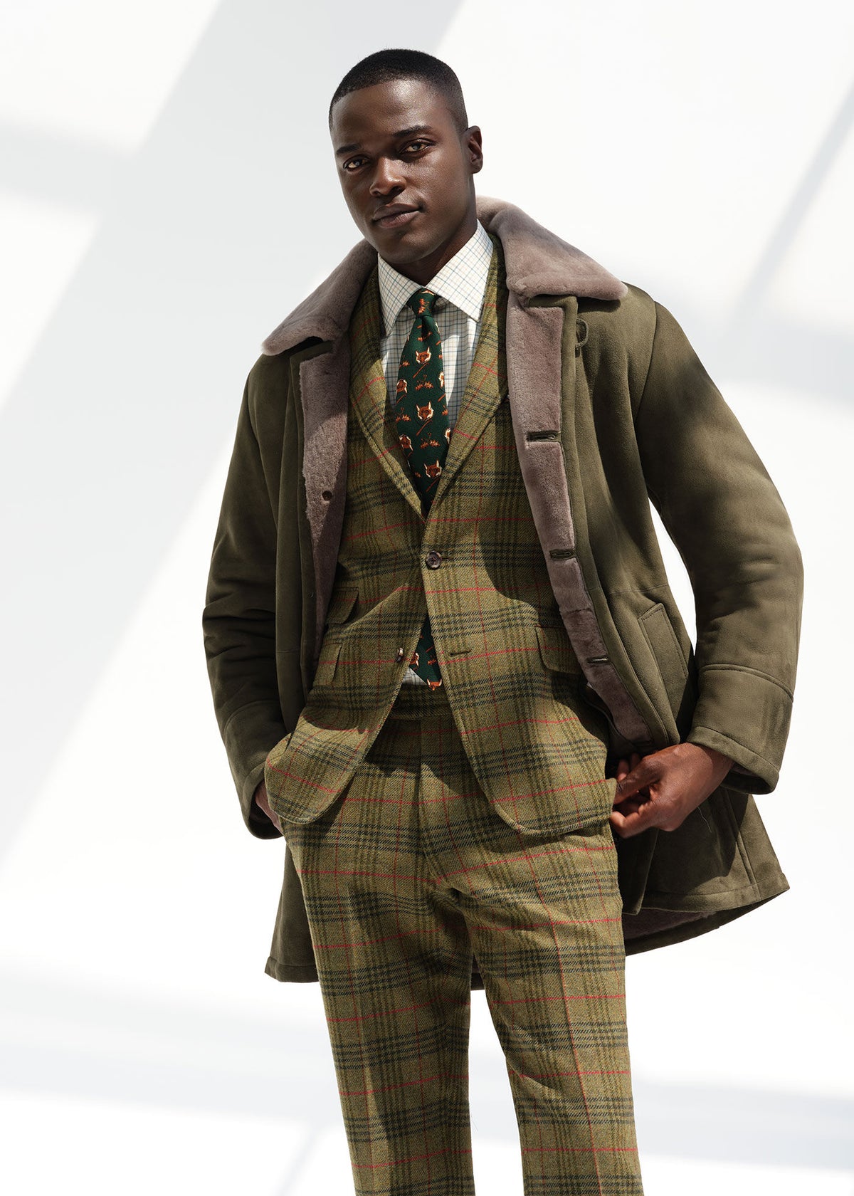 Modern Suede Coat with Shearling Trim Olive - Paul Stuart