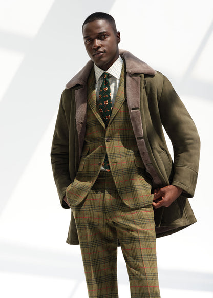 Modern Suede Coat with Shearling Trim Olive - Paul Stuart