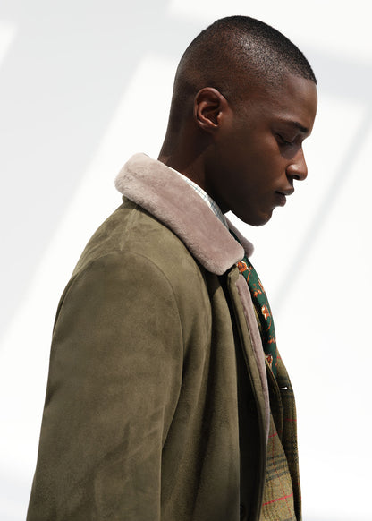 Modern Suede Coat with Shearling Trim Olive - Paul Stuart