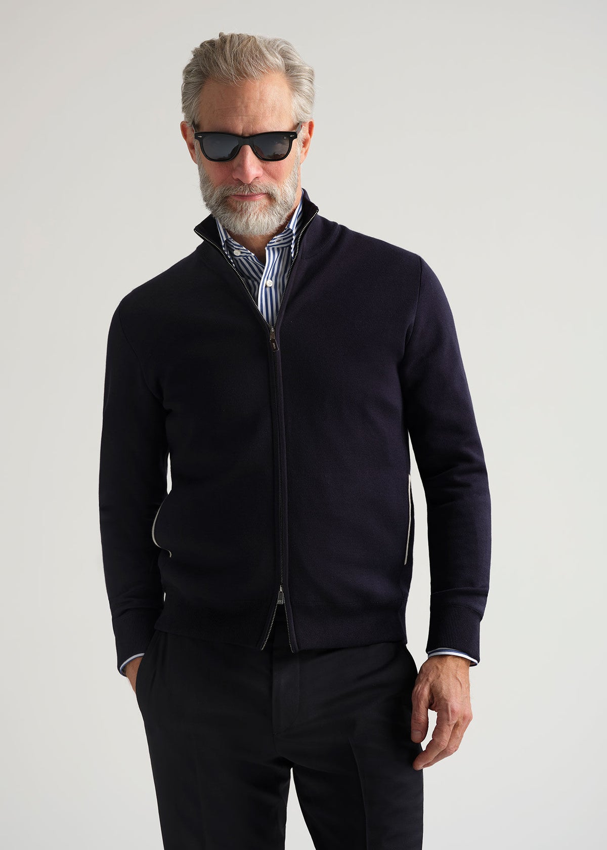 Silk & Cotton Full Zip Cardigan Light Grey - Paul Stuart