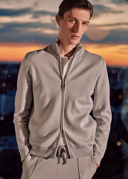 Silk & Cotton Full Zip Cardigan Light Grey - Paul Stuart