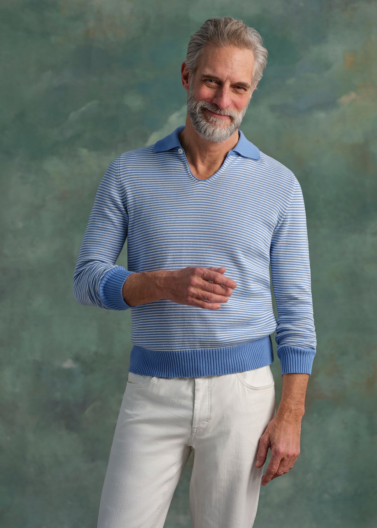 Long Sleeve Stripe Polo Blue/White - Paul Stuart
