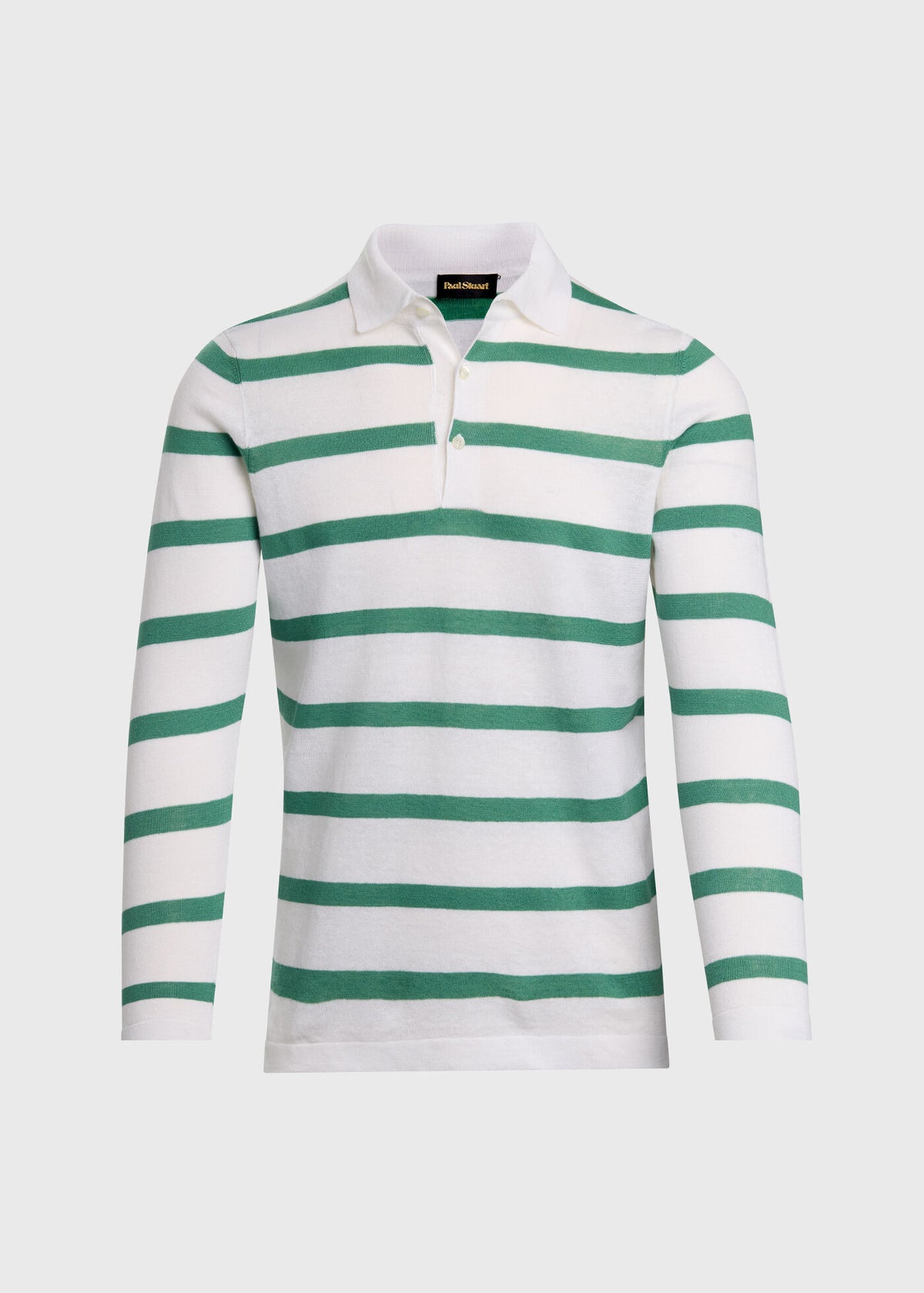 Linen & Cotton Horizontal Stripe Polo White/Green - Paul Stuart