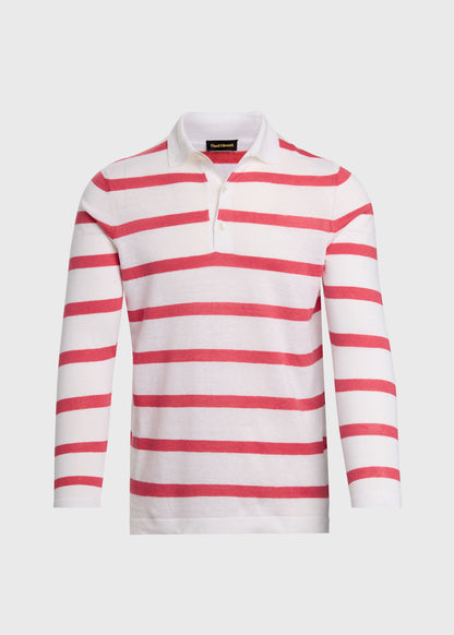 Linen & Cotton Horizontal Stripe Polo White/Green - Paul Stuart