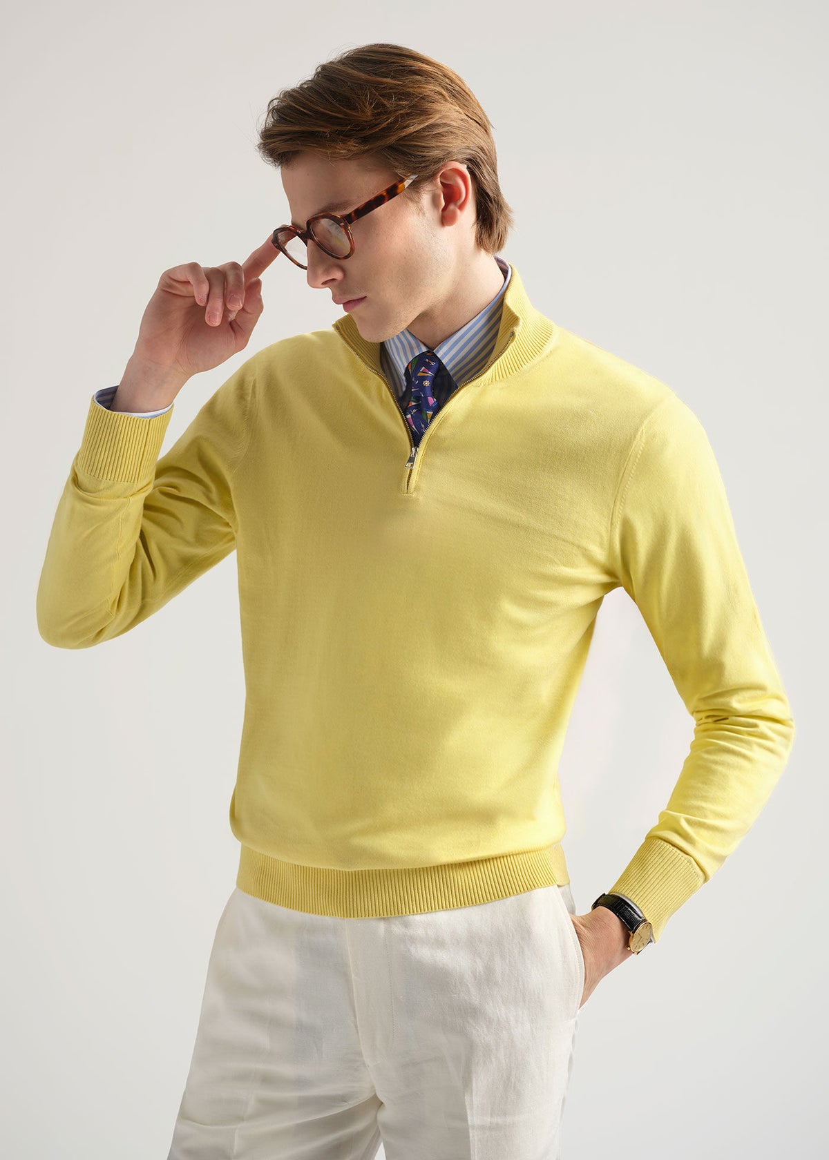 Quarter Zip Cotton Sweater Aqua - Paul Stuart