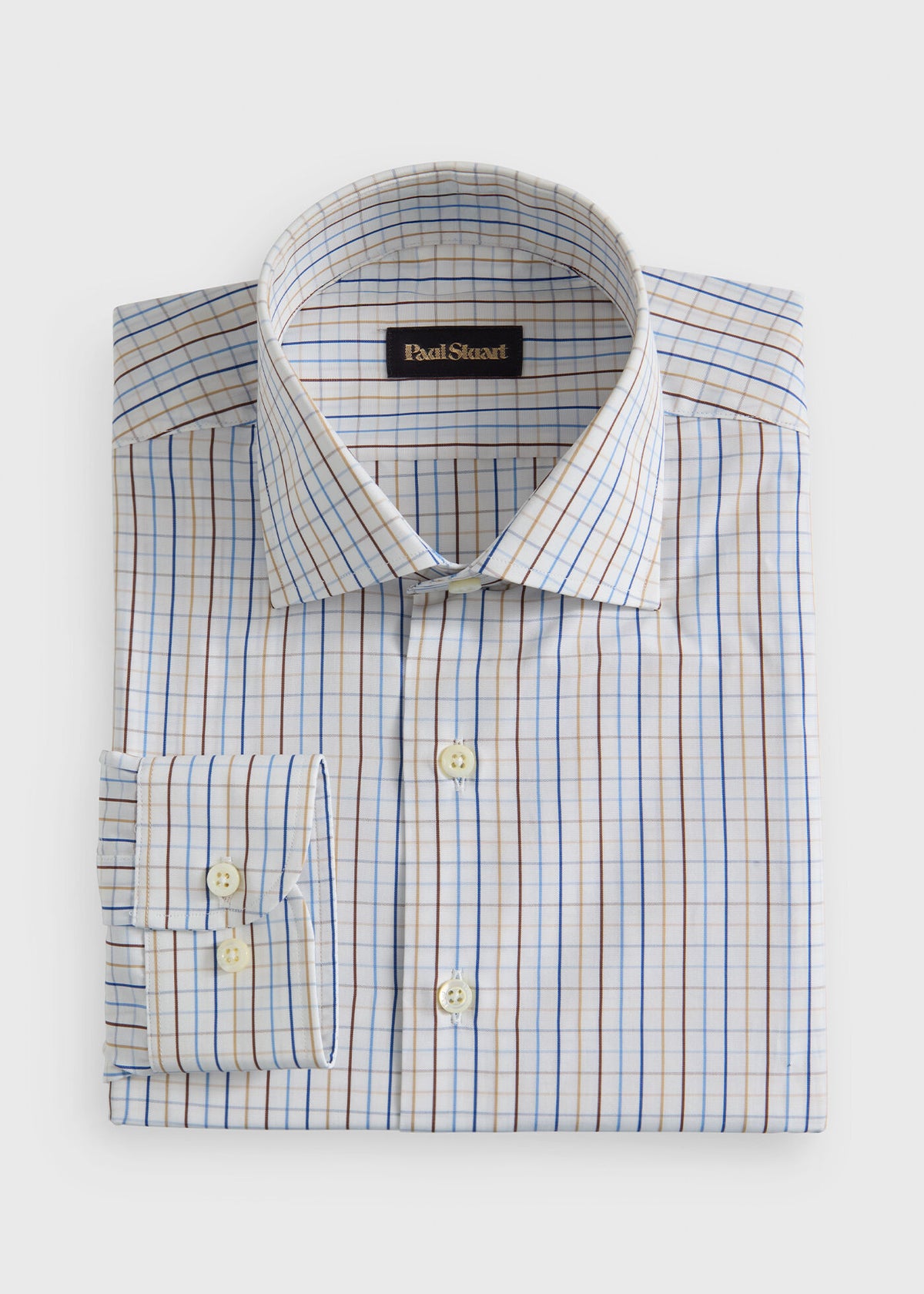 All Year Cotton Tattersall Sport Shirt Blue/Tan - Paul Stuart