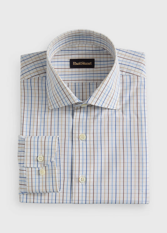 All Year Cotton Tattersall Sport Shirt Blue/Tan - Paul Stuart