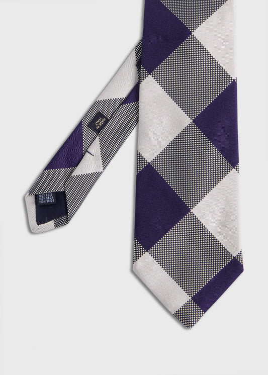 Woven Silk Oversized Check Tie Charcoal - Paul Stuart