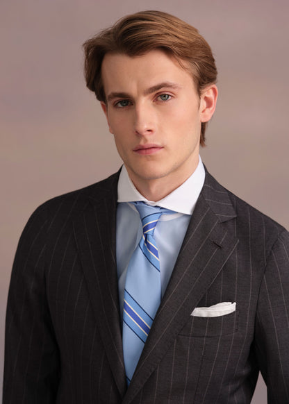 Silk Deco Stripe Tie Light Blue - Paul Stuart