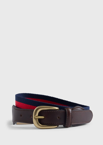 Striped Belt with Leather Trim Navy/Red - Paul Stuart