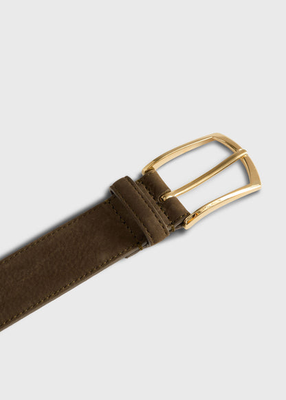 Nubuck Suede Belt with Gold Buckle Dark Brown - Paul Stuart