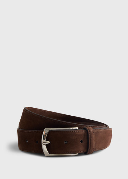 Nubuck Suede Belt with Gold Buckle Dark Brown - Paul Stuart