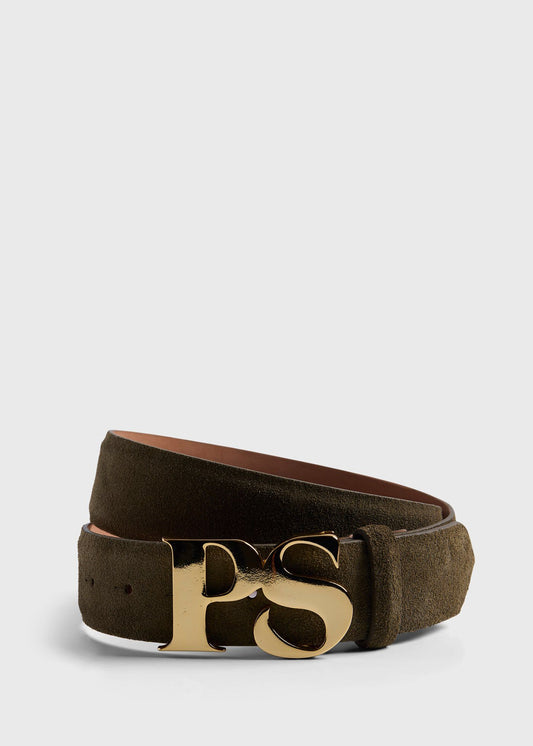 PS Brass Logo Suede Belt Olive - Paul Stuart