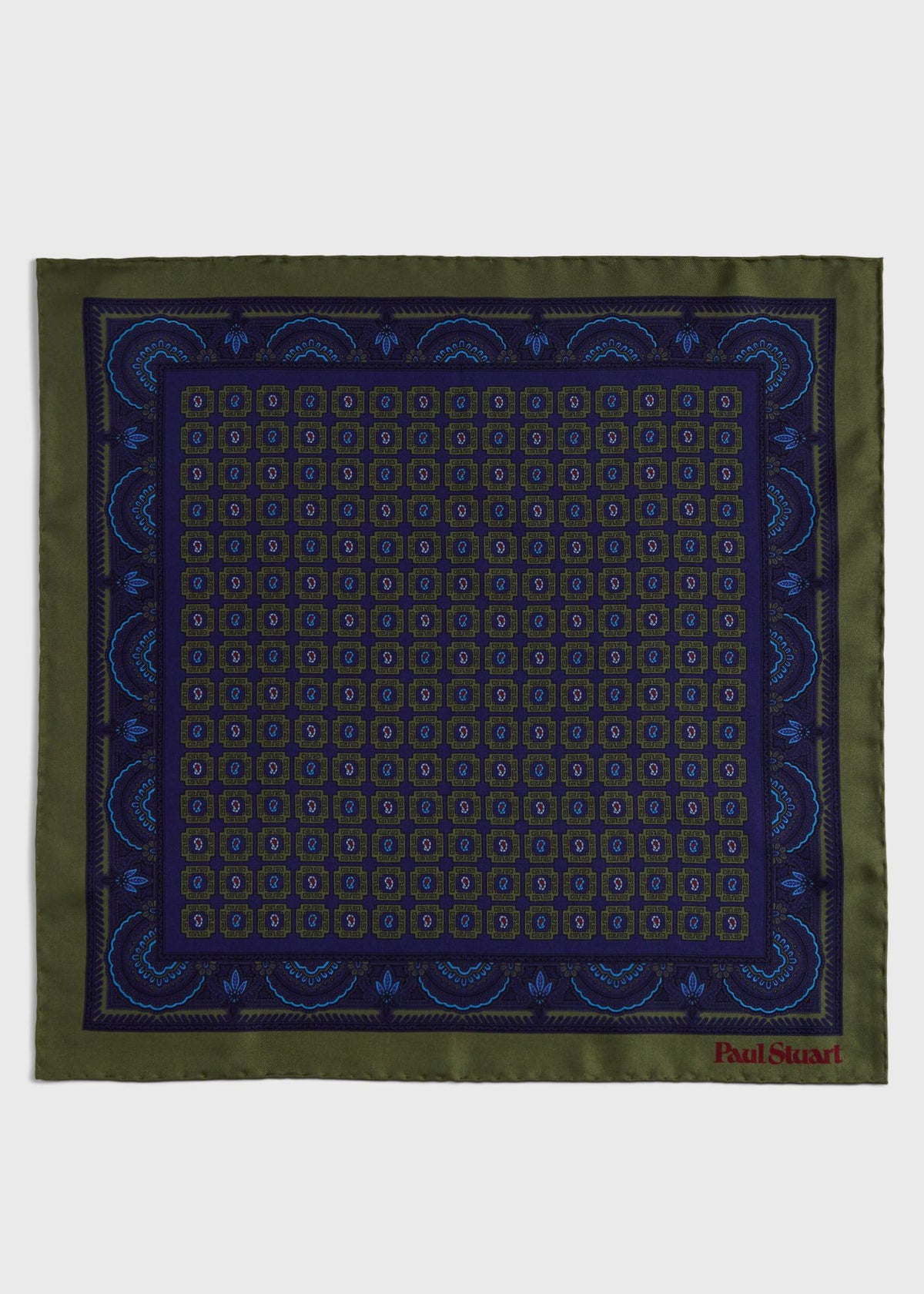 Printed Silk Medallion Pocket Square Olive - Paul Stuart