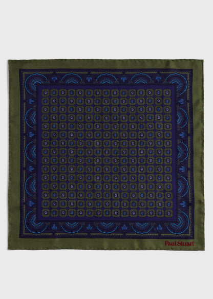 Printed Silk Medallion Pocket Square Olive - Paul Stuart