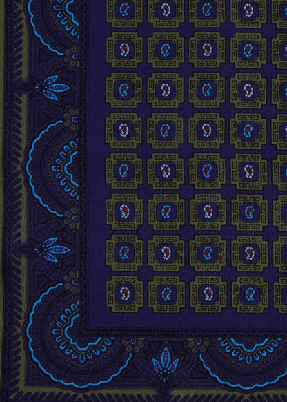 Printed Silk Medallion Pocket Square Olive - Paul Stuart