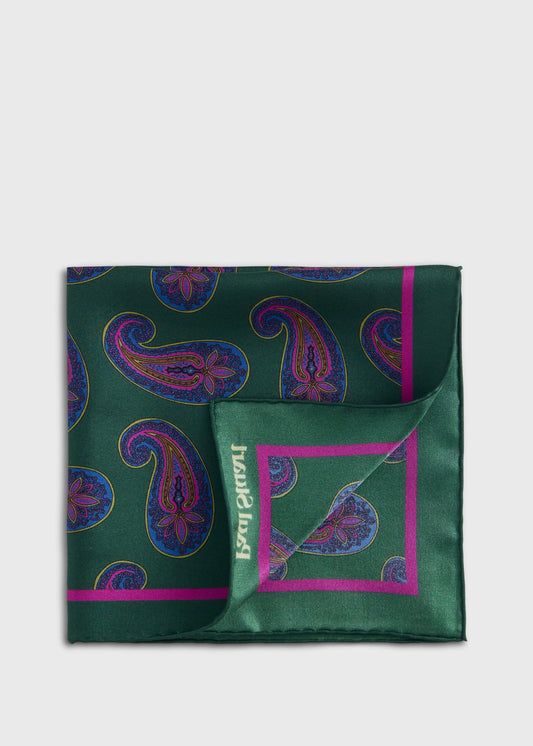 Paisley Print Pocket Square Green - Paul Stuart