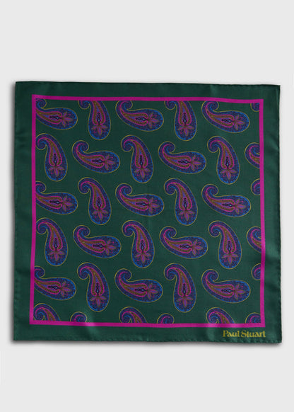 Paisley Print Pocket Square Green - Paul Stuart