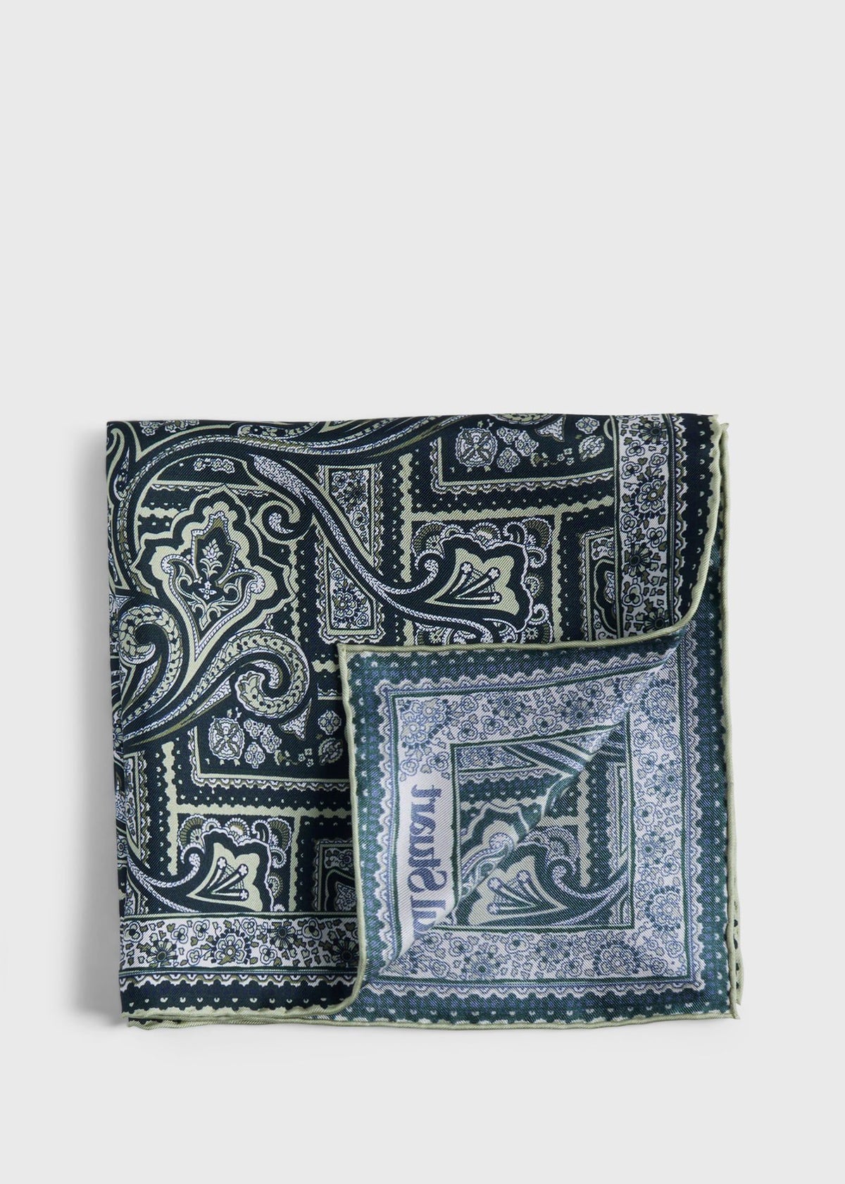 Printed Silk Paisley Pocket Square Green - Paul Stuart